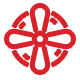 Red geometric flower-like symbol with interconnected loops and petals.