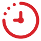 Red stopwatch icon with dotted trail and clock hands.